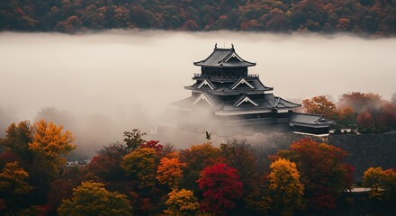 Historic Japanese Castle Emerging from Autumn Mist with Vibrant Fall Foliage