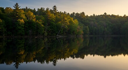 Golden Hour Light on Forest Trees Reflected in Calm Lake Water