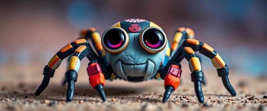 Small, plush robotic spider with large, friendly eyes and colorful body,  gadget,  stock photo - Powered by Adobe