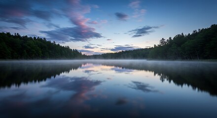 Misty forest lake at dawn, reflecting vibrant twilight sky and trees. Serene natural landscape with fog.