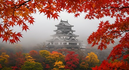 Traditional Japanese Castle Framed by Vivid Autumn Maple Leaves in a Misty Landscape
