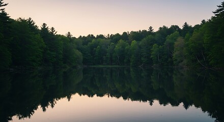 Tranquil forest lake with mirrored reflections of lush trees and a pastel sky