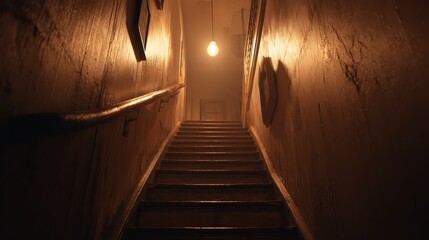 dimly lit staircase leading to unknown space old wooden steps cobwebs eerie charm single light bulb casts warm glow blinking scary stairs to attic or basement