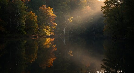 Golden sun rays through misty autumn trees reflected in serene lake, tranquil forest landscape with warm fall colors and atmospheric light.