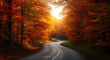 Golden Hour on a Winding Road through a Vibrant Autumn Forest