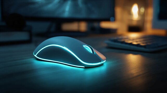 Sleek white computer mouse with vibrant cyan LED lighting rests on a dark wooden desk in a dimly lit modern workspace, evoking a sense of focused productivity and cutting edge technology.