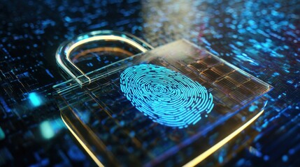 Digital Security: A futuristic padlock glows with a digital fingerprint overlay, representing the vanguard of data protection in the age of cyber threats.