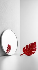 Stylish Round Mirror Reflecting Red Leaf Beside Matching Leaf on White Surface