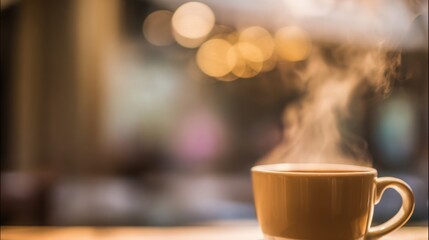 Obraz premium pause. A close-up view of a coffee cup with steam rising, set against a blurred, cozy backdrop. bar promotions, beverage menus, designed for food & beverage menus and cafe branding.