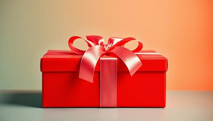 Obraz premium A vibrant red gift box with a satin ribbon, ready for presentation, birthday gift, bright