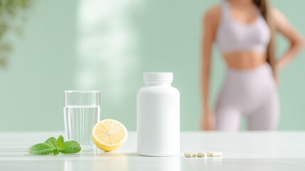 Wellness Ritual: A symbolic image, of health and vitality, featuring a refreshing glass of water and the citrusy zest of lemon. Set on a clean surface, and accompanied by mint and capsules.