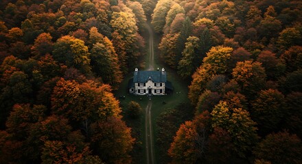 Aerial view of a secluded house nestled in a vibrant autumn forest with winding path, showcasing beautiful fall foliage.