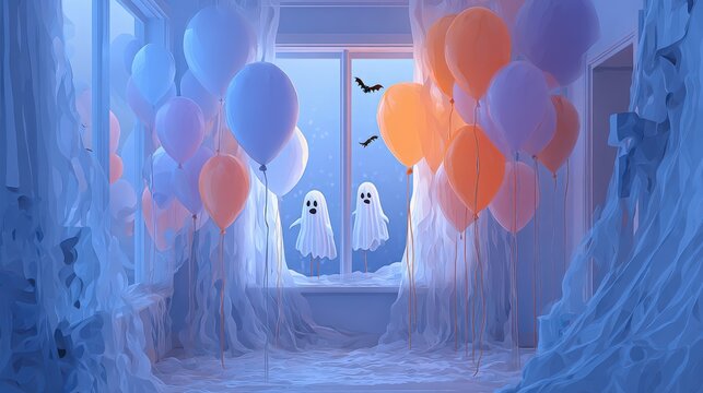 Halloween scene with balloons and ghost figures