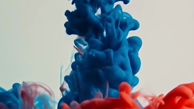 Abstract Red and Blue Ink Droplets Dissolving in Water.