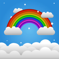 Beautiful Colorful Rainbow Vector. Colorful Rainbow with Many Clouds at the Bottom. Blue Sky Background.