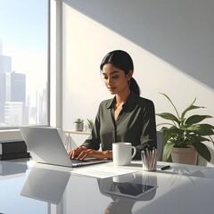 Modern office scene with a professional businesswoman typing on laptop. While a digital tablet beside her show a subtle reflection of her hand. Minimalist workspace with a potted plant and coffee mug.