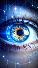 Close-up of an eye with futuristic circuitry overlay