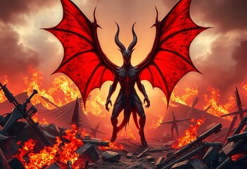 Crimson-hued demonic entity, wings outstretched, amidst fiery battlefield wreckage,  gruesome,  infernal