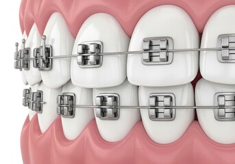 Teeth with Braces Closeup, Perfect Smile, Dental Care, Orthodontics, White Teeth