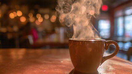 pause. A close-up view of a coffee cup with steam rising, set against a blurred, cozy backdrop. bar promotions, beverage menus, designed for food & beverage menus and cafe branding.