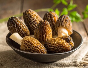 Wild Morel Mushrooms in Bowl.
