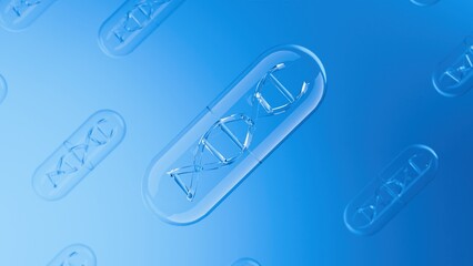 3D image of a transparent capsule containing a DNA structure floating on a blue background. The image represents modern pharmaceutical, dietary supplement and healthcare products.