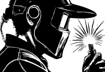 Stylized illustration of a welder in a plague doctor mask. Generative AI
