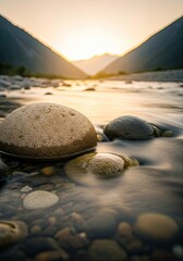Tranquil River Smooth Stones, Flowing Water, Mountain Backdrop and Warm Sunset