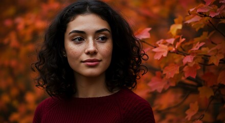 Thoughtful young woman with curly hair in a red sweater, framed by vibrant autumn leaves in a natural setting.