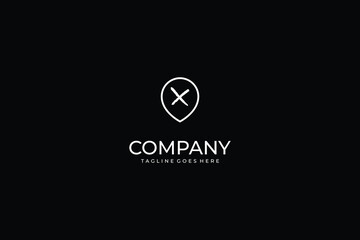 Map pin cross logo design, location marker icon with X, simple GPS navigation symbol, geotagging error emblem, minimal outline place illustration.
