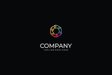 Abstract colorful triangular shapes forming circular hexagon logo, creative geometric rainbow design symbolizing diversity, unity, technology, innovation, modern digital branding identity.