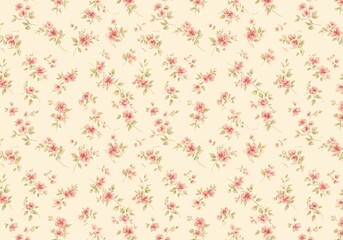 Vintage Shabby Chic Floral Pattern with Pink Blossoms and Delicate Green Leaves