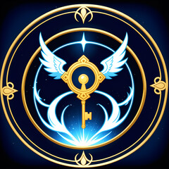 Unlock your dreams with this stunning golden winged key emblem radiating magical light and cosmic wonder