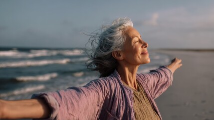 happy mature woman with arms outstretched feeling the breeze at beach beautiful middle aged woman with arms up dancing on beach mid lady feeling good and enjoying freedom at sea copy space no logos n