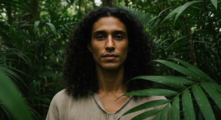 Striking portrait of a man with long curly hair in a vibrant, natural jungle setting, looking directly at the camera