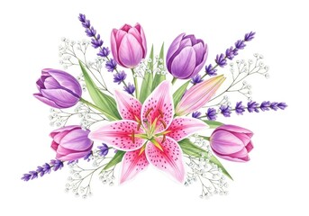 Watercolor Bouquet with Pink Lily, Purple Tulips, Lavender, and White Gypsophila
