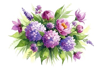 Watercolor Bouquet with Hydrangeas, Peonies and Leaves on a White Background