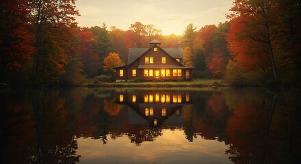 Autumn Lake House with Glowing Windows Reflected in Calm Water at Sunset