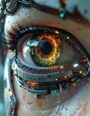 Close-up of an eye with futuristic, mechanical features