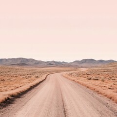 Dusty road winds through a muted landscape