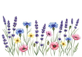 Watercolor Floral Border Lavender, Cornflowers, Poppies on White Background