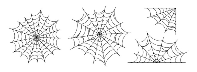 Black spooky spider web set. Creepy cobweb collection. Halloween frame and borders elements for banner, poster, decoration. Linear corner scary tangled net bundle. Vector Haloween outline pack
