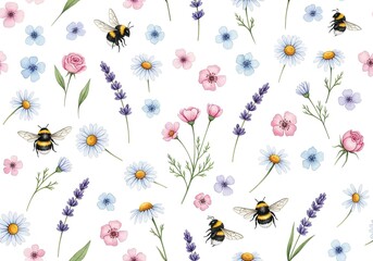 Watercolor Floral Pattern with Bumblebees, Daisies, Roses and Lavender Blooms