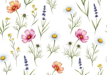 Watercolor Floral Pattern with Cosmos, Lavender and Daisies on White Background