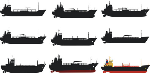 Cargo ship vector silhouettes, commercial shipping vessels, container transport, oil tanker, marine freight ships, industrial ocean boats, nautical transport illustrations © Sakib World