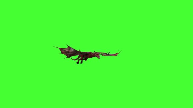 A detailed dark fantasy dragon with spread wings flies forward while breathing fire or moving dynamically against a chroma key green background, ideal for game intros, fantasy trailers, epic transitio