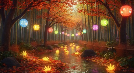 Magical Autumn Forest Path Lit by Festive Lanterns and Glowing Leaves