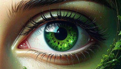 Close-up of an eye with vibrant green iris and detailed lashes