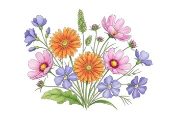 Watercolor Flower Bouquet with Pink Cosmos, Purple Periwinkle and Orange Gerbera