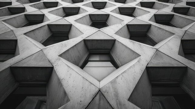black and white closeup of a geometric building facade featuring repeating patterns and ample negative space contemporary architecture